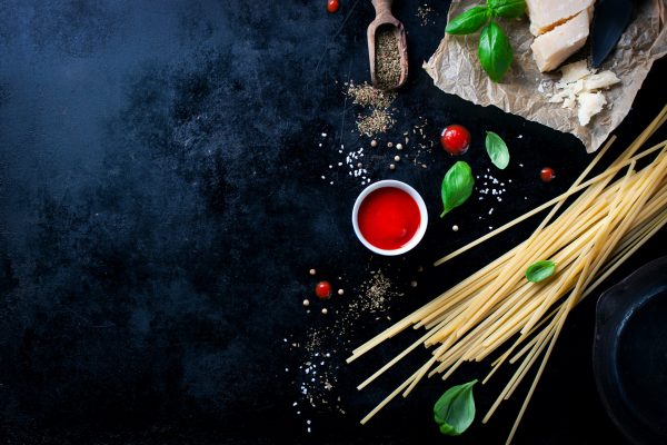 Food frame, italian food background, healthy food concept or ingredients for cooking pasta on a vintage background, top view with copy space